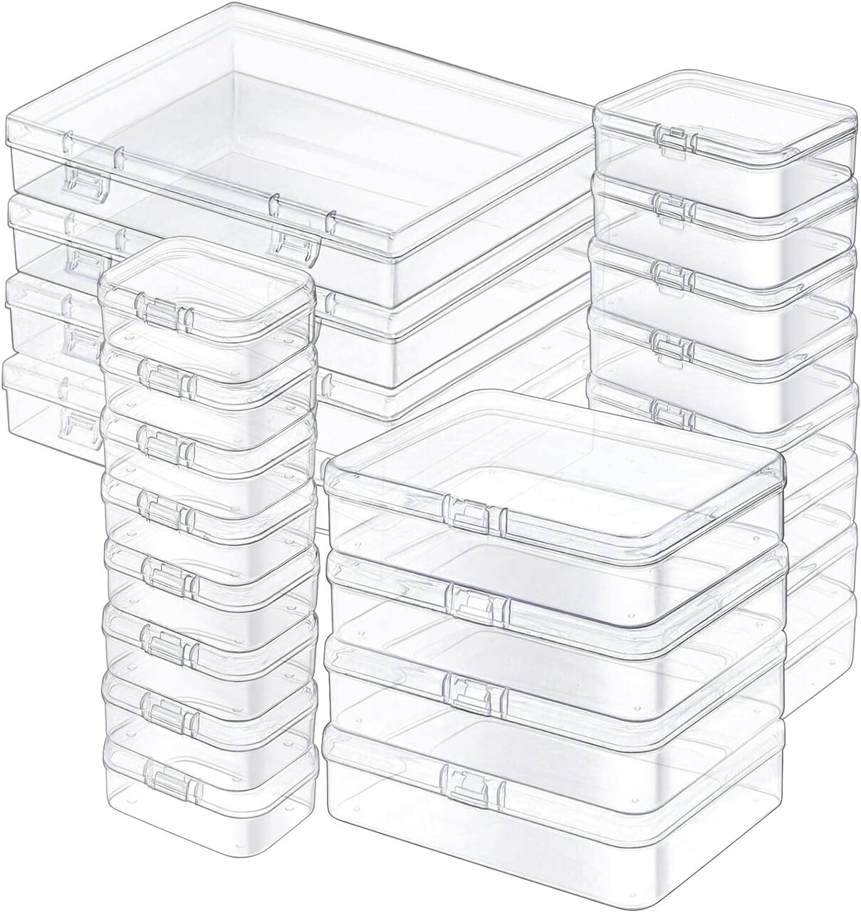 24 Pack Mixed Sizes Rectangular Mini Plastic Containers Clear Plastic Storage Boxes with Hinged Lids and Labels Empty Beads Organizers for Small Items Art Craft Jewelry Projects